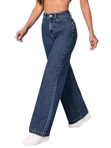 Women's wide leg jeans, high waist, baggy fit, dark blue - Image 4