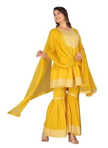 women's rayon slub 3/4 sleeves round neck embroidery kurti with sharara & dupatta set - Image 2
