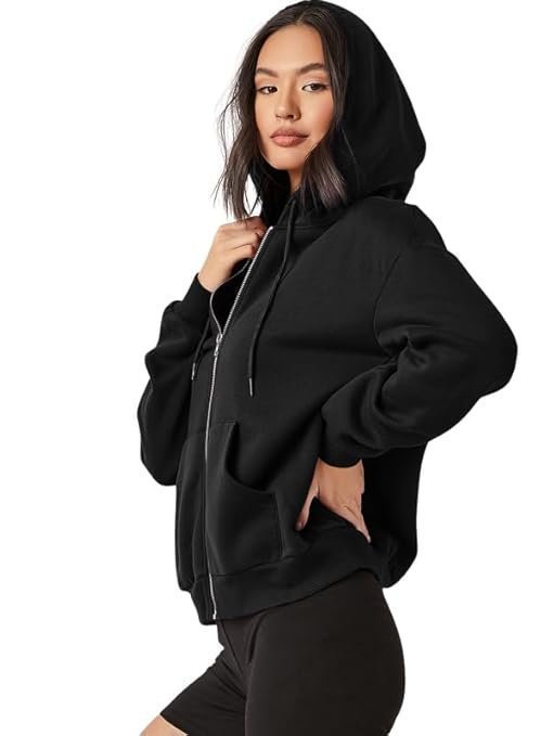 Women's imsa moda women's polycotton fleece plain hooded neck full zipper winter jacket sweatshirts casual hoodie with kangaroo pocket
