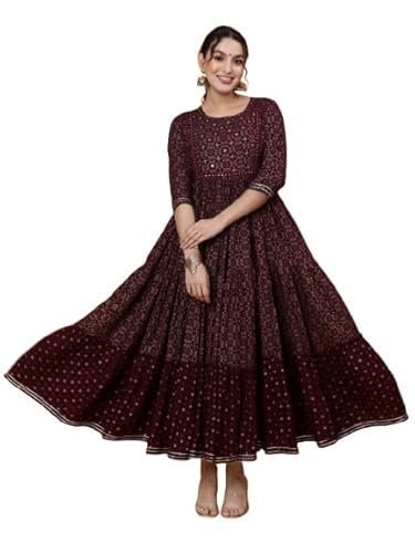 Women's ethnic printed cotton blend anarkali dress, burgundy, 3/4 sleeve, round neck, fit & flare - Image 2