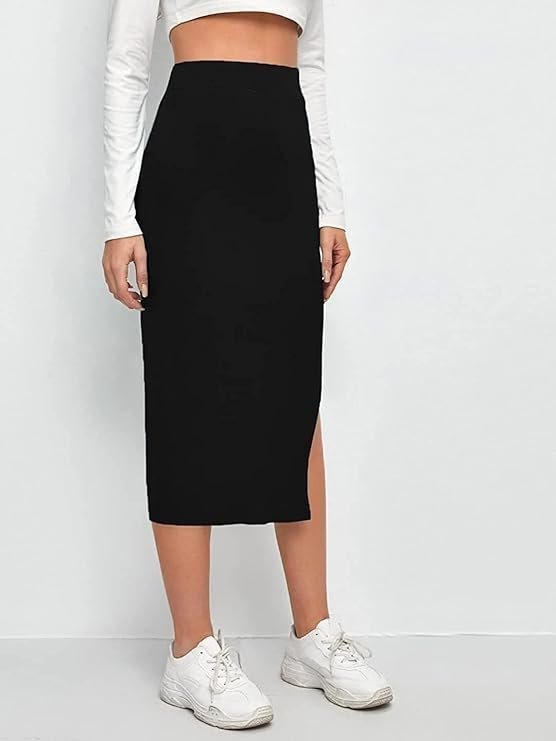 Women's alyne women's elastic waist pencil bodycon midi skirt - high waisted with side slit below knee length elegance for women - Image 2