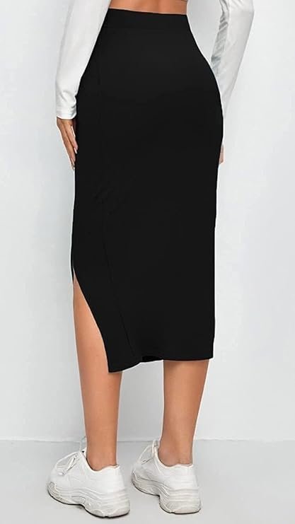 Women's alyne women's elastic waist pencil bodycon midi skirt - high waisted with side slit below knee length elegance for women - Image 3