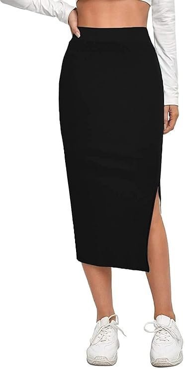 Women's alyne women's elastic waist pencil bodycon midi skirt - high waisted with side slit below knee length elegance for women