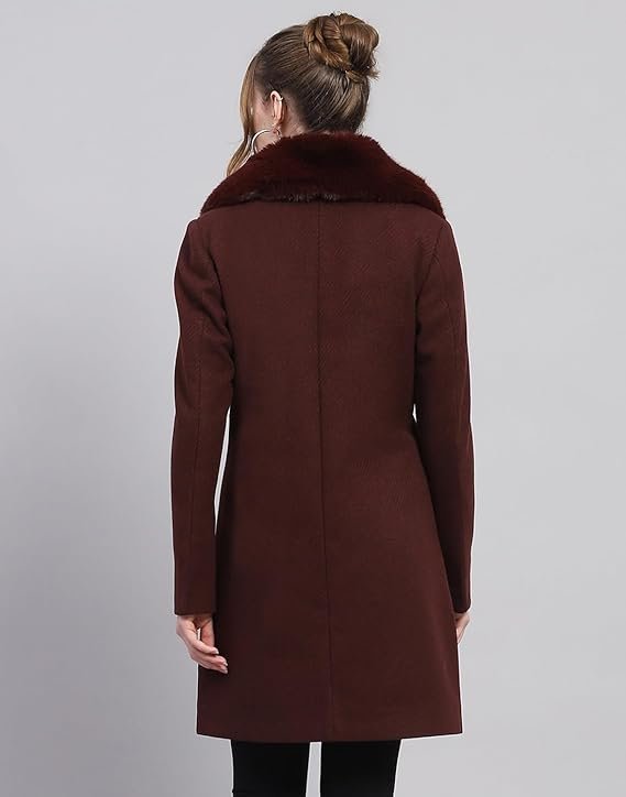 Women's carlo womens wool blend hip length self design wine notched lapel full sleeve coat - Image 4