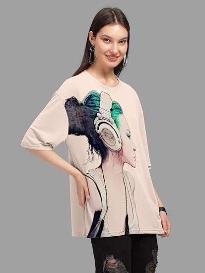 Women's beige trendy printed oversized t-shirt for women - Image 5
