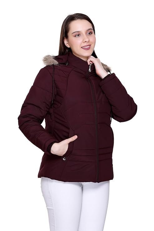 Women's winter puffer jacket with faux fur hood, quilted, full zip, burgundy - Image 5