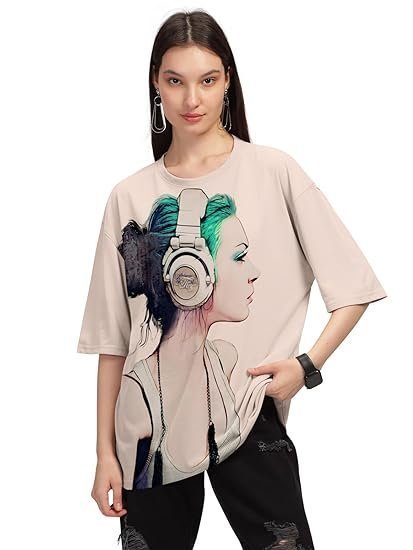 Women's beige trendy printed oversized t-shirt for women
