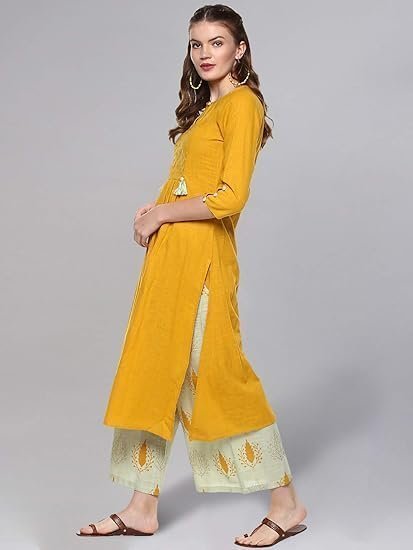 Women's idalia ethnic kurta set for women 3/4 sleeve, round neck cotton a-line solid kurta with palazzo pant set - Image 4