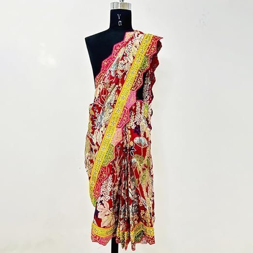 Women's alyaansh couture girl's georgette printed drape saree with hand embroidery | saree designer indian ethnic wear for girls - Image 4