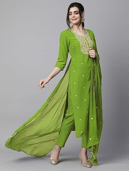 women's cotton blend embroidered straight kurta with pant & dupatta - Image 2