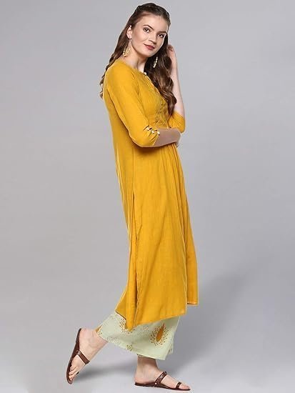 Women's idalia ethnic kurta set for women 3/4 sleeve, round neck cotton a-line solid kurta with palazzo pant set - Image 3