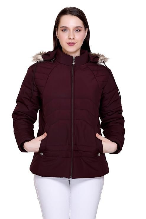Women's winter puffer jacket with faux fur hood, quilted, full zip, burgundy