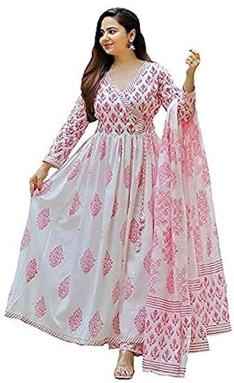 Women's meera fab women's cotton printed white anarkali kurta with palazzo & dupatta set - Image 3
