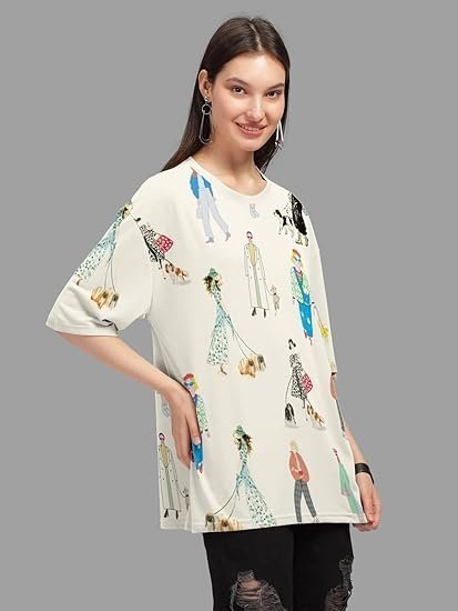 Women's beige trendy printed oversized t-shirt for women - Image 5
