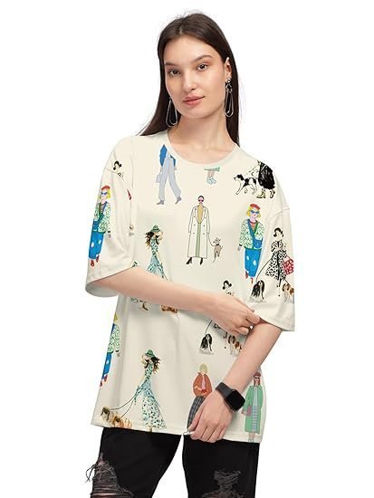 Women's beige trendy printed oversized t-shirt for women