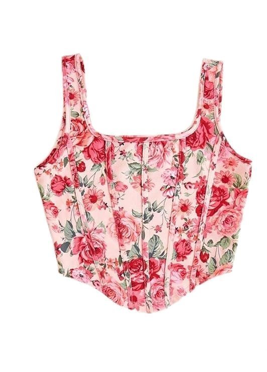Women's floral print corset crop top, blue rose pattern, sleeveless tank top with wide straps