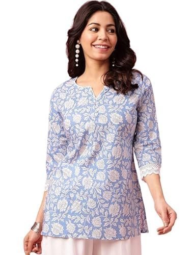 Women's kasooti women's trendy floral print topper kurti | short kurti with 3/4 sleeves – stylish & comfortable|| kurta for women