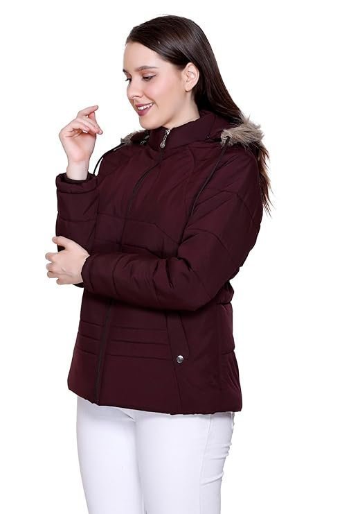 Women's winter puffer jacket with faux fur hood, quilted, full zip, burgundy - Image 4