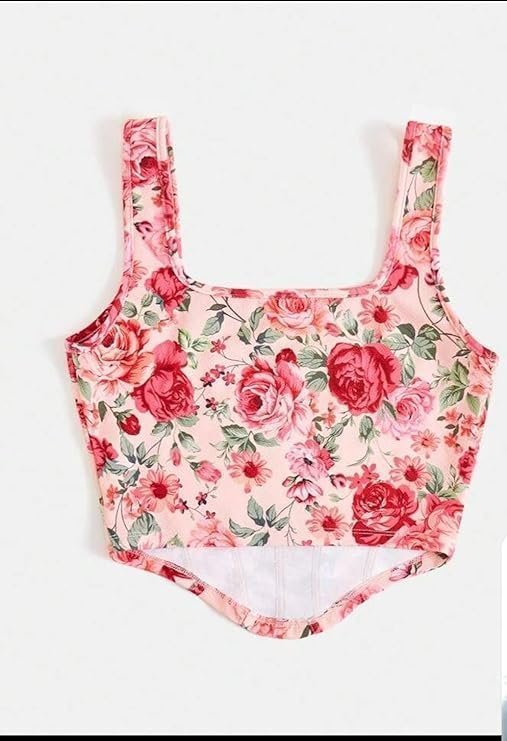 Women's floral print corset crop top, blue rose pattern, sleeveless tank top with wide straps - Image 5
