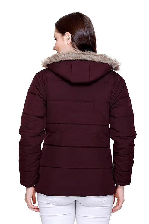 Women's winter puffer jacket with faux fur hood, quilted, full zip, burgundy - Image 6