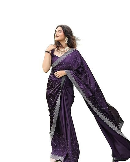 women's hot fix solid color satin moss saree with unstitched blouse material - Image 2