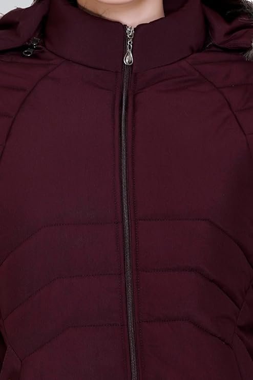 Women's winter puffer jacket with faux fur hood, quilted, full zip, burgundy - Image 3