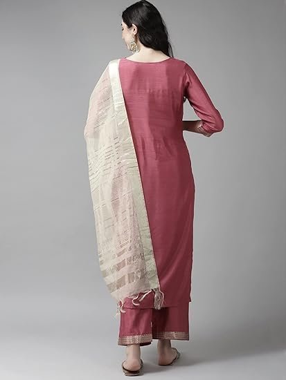 Women's indo era women's cotton blend yoke design straight kurta pant with dupatta set - Image 4