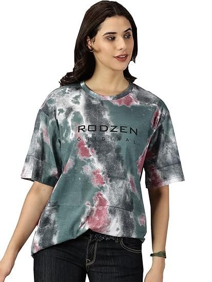 Women's rodzen oversized | loose fit | half sleeves 100% cotton round neck tie-dye printed t-shirt for womens/girls