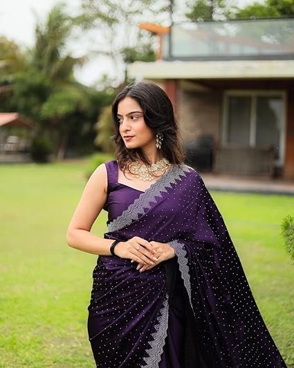 women's hot fix solid color satin moss saree with unstitched blouse material