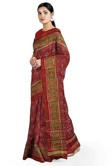 Women's garvi gurjari (a gujarat govt enterprise women dark red shaded handloom single ikat silk patola saree (ggcsiks124)