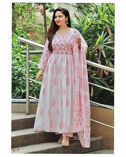Women's meera fab women's cotton printed white anarkali kurta with palazzo & dupatta set