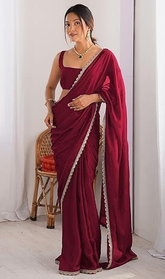Women's shopaz ready to wear saree for women maroon georgette one minute readymade stitched scalloped border lace with unstitched blouse - Image 3