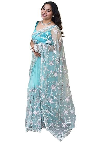 Women's mesche women's pastel mint green supernet saree with zari & sequin floral embroidery with unstitched blouse piece