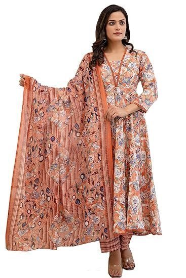Women's parthvi women's printed cotton anarkali kurta & pant with dupatta set