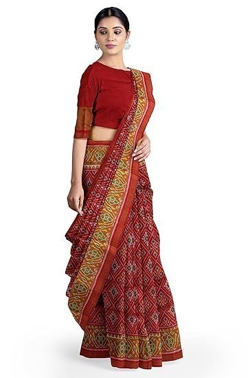 Women's garvi gurjari (a gujarat govt enterprise women dark red shaded handloom single ikat silk patola saree (ggcsiks124) - Image 4