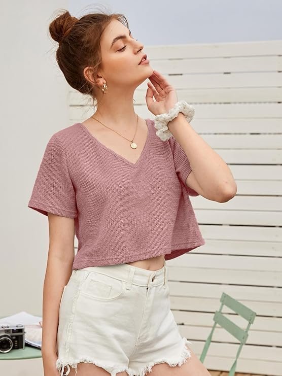 Women's womens fashion crop tops summer winter baisc v neck casual short sleeve crop tops for women | women fashion - Image 4