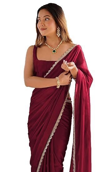 Women's shopaz ready to wear saree for women maroon georgette one minute readymade stitched scalloped border lace with unstitched blouse