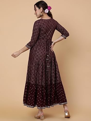 Women's ethnic printed cotton blend anarkali dress, burgundy, 3/4 sleeve, round neck, fit & flare - Image 3
