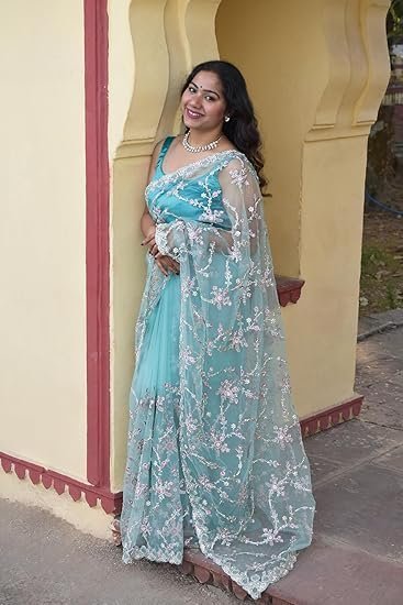 Women's mesche women's pastel mint green supernet saree with zari & sequin floral embroidery with unstitched blouse piece - Image 3