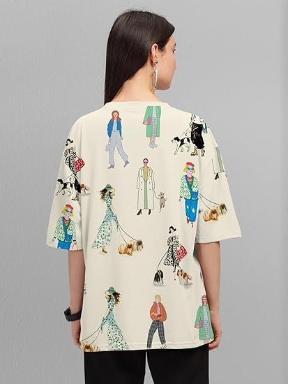 Women's beige trendy printed oversized t-shirt for women - Image 4