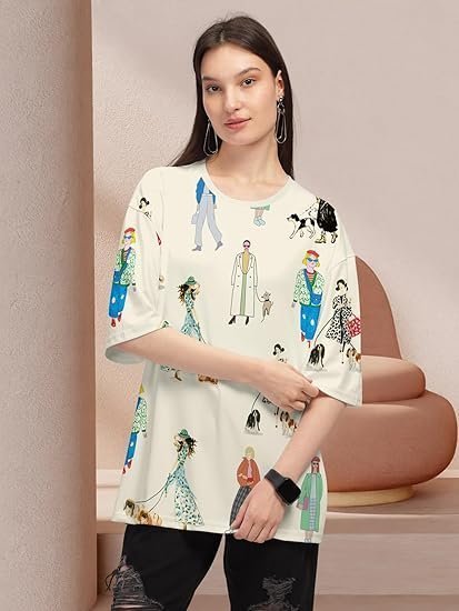 Women's beige trendy printed oversized t-shirt for women - Image 3