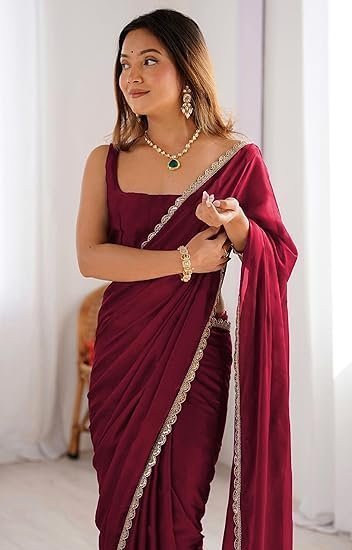 Women's shopaz ready to wear saree for women maroon georgette one minute readymade stitched scalloped border lace with unstitched blouse - Image 2