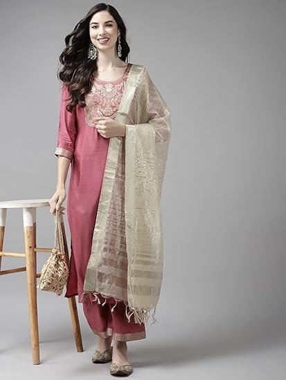 Women's indo era women's cotton blend yoke design straight kurta pant with dupatta set - Image 5