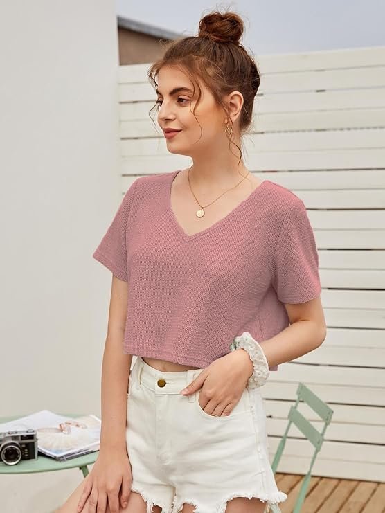 Women's womens fashion crop tops summer winter baisc v neck casual short sleeve crop tops for women | women fashion - Image 3
