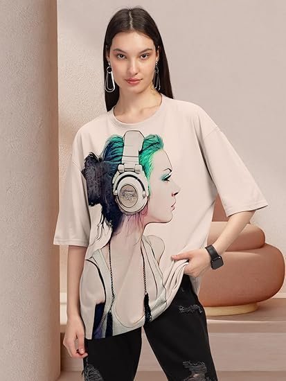 Women's beige trendy printed oversized t-shirt for women - Image 3