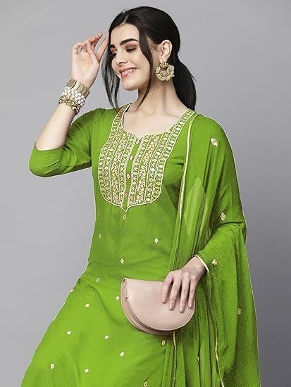 women's cotton blend embroidered straight kurta with pant & dupatta