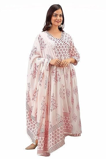 Women's meera fab women's cotton printed white anarkali kurta with palazzo & dupatta set - Image 4