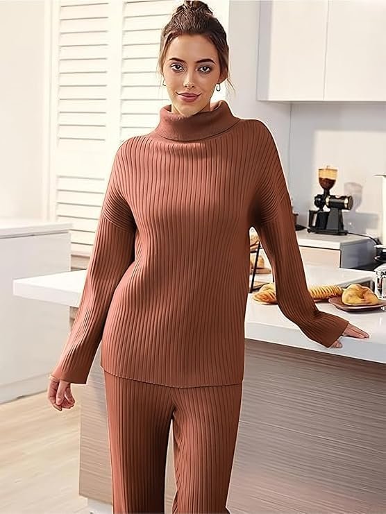 Women's tysort women’s winter woolen turtleneck sweater with pajama | warm winter wear cord set | woolen tracksuit loungewear set - Image 3