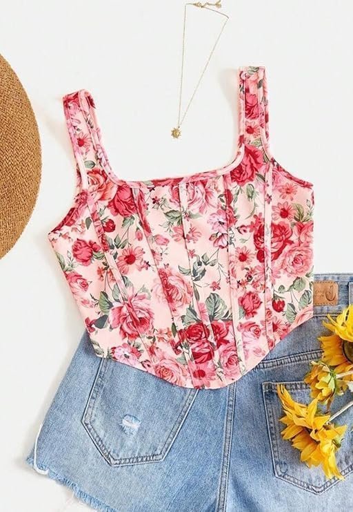 Women's floral print corset crop top, blue rose pattern, sleeveless tank top with wide straps - Image 3
