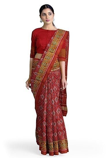 Women's garvi gurjari (a gujarat govt enterprise women dark red shaded handloom single ikat silk patola saree (ggcsiks124) - Image 3